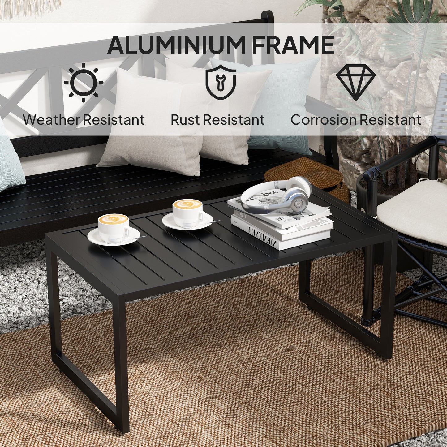 Outsunny Outdoor Coffee Table, Patio Coffee Table with Slatted Top and Adjustable Legs for Garden, Patio and Lawn, Black