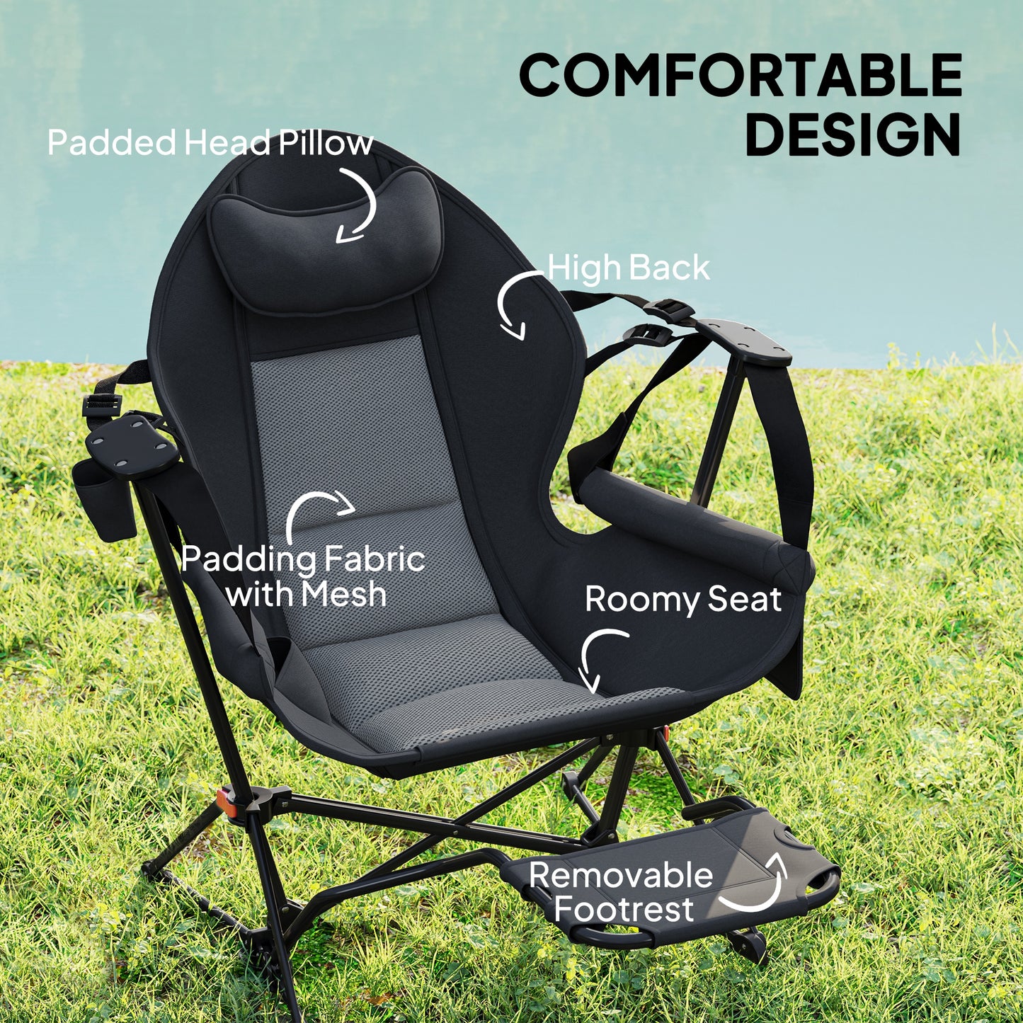 Lot de 2 chaises hamac de camping, dossier réglable, pliable, pivotante, avec porte-gobelet et siège rembourré