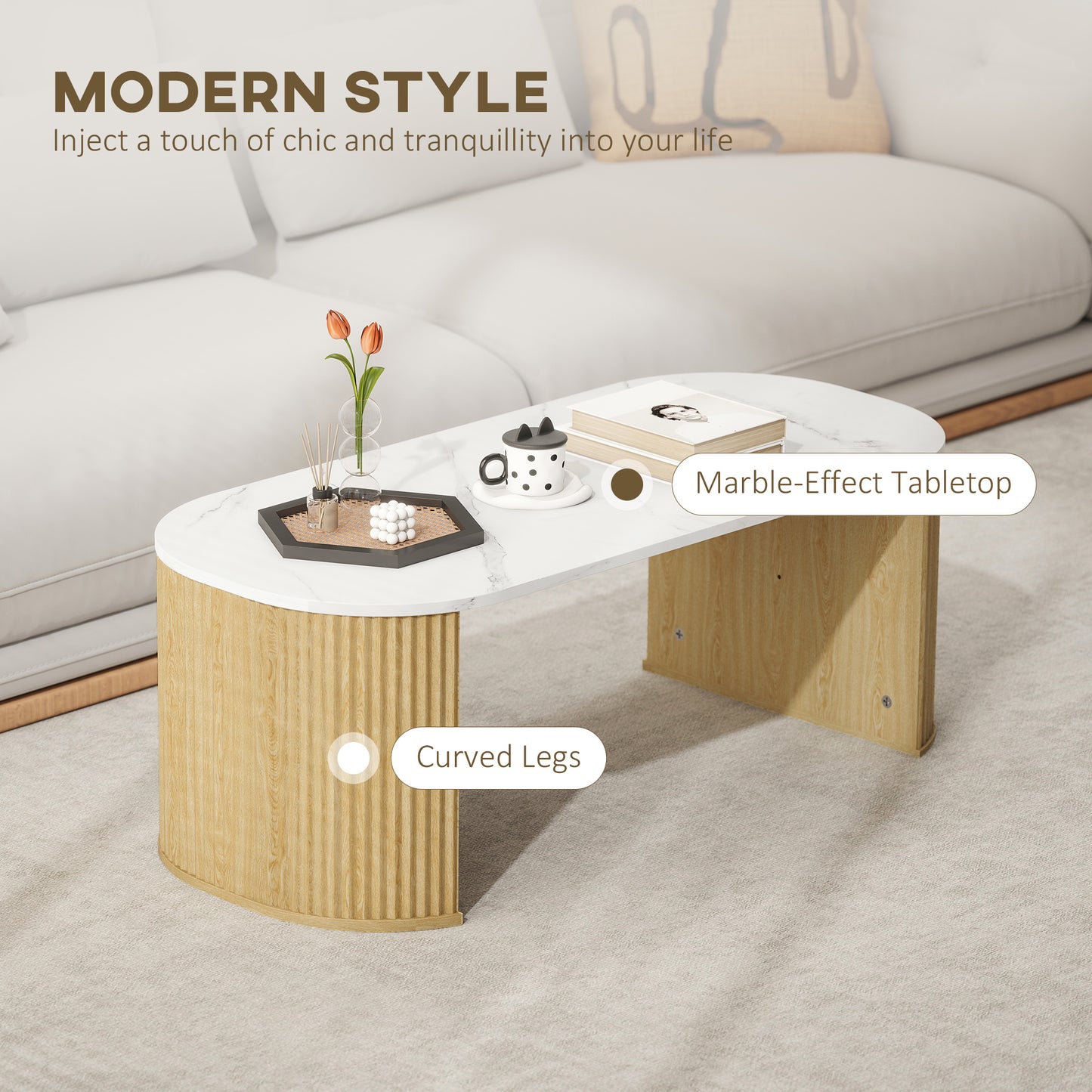 Table de salon moderne effet marbre avec coins arrondis et pieds épais, bois naturel
