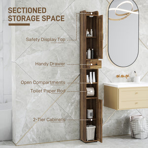 Meuble de salle de bain étroit, haut avec portes de grange, tiroir et étagères réglables, aspect bois brun