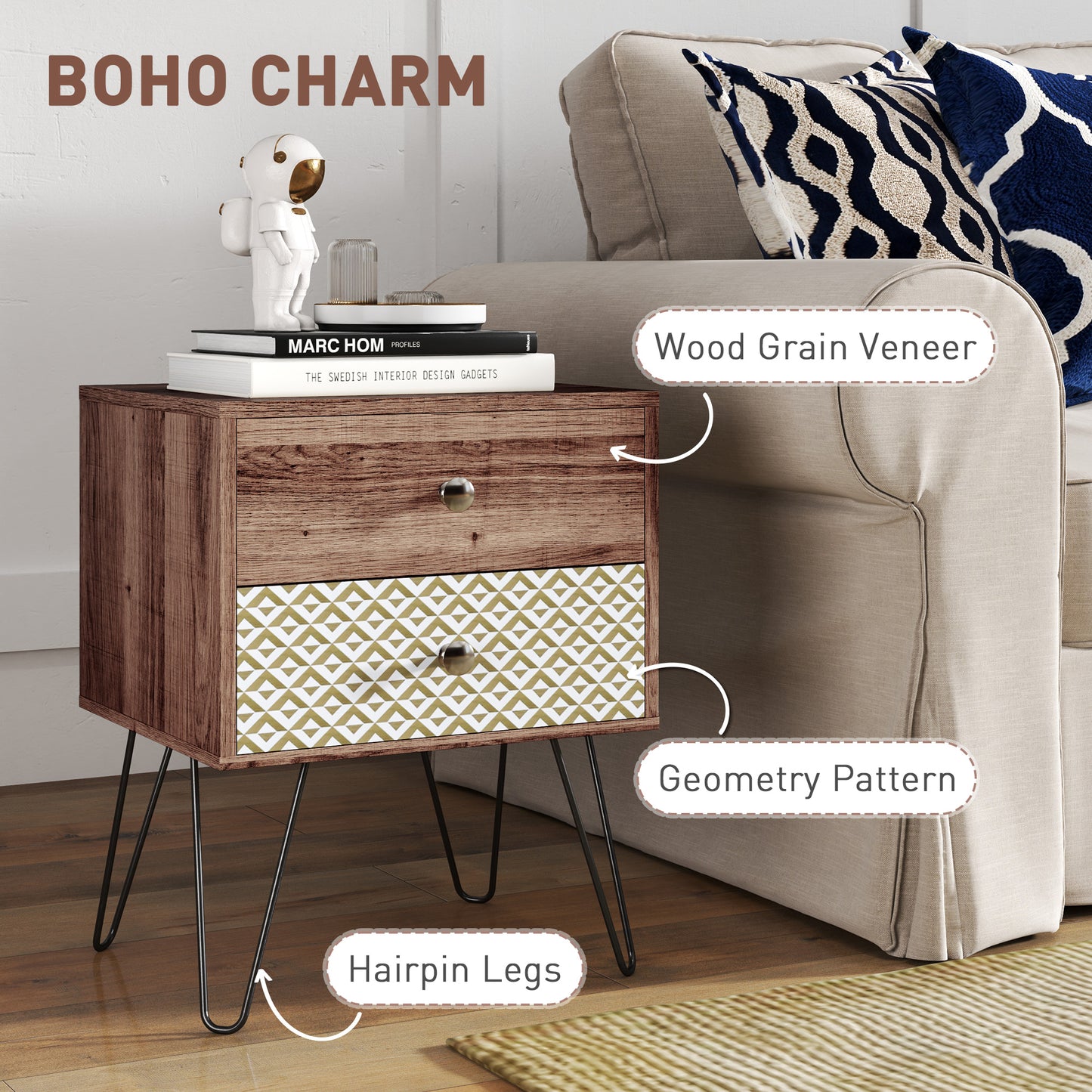 Table d'appoint avec tiroirs pour chambre à coucher ou salon, marron