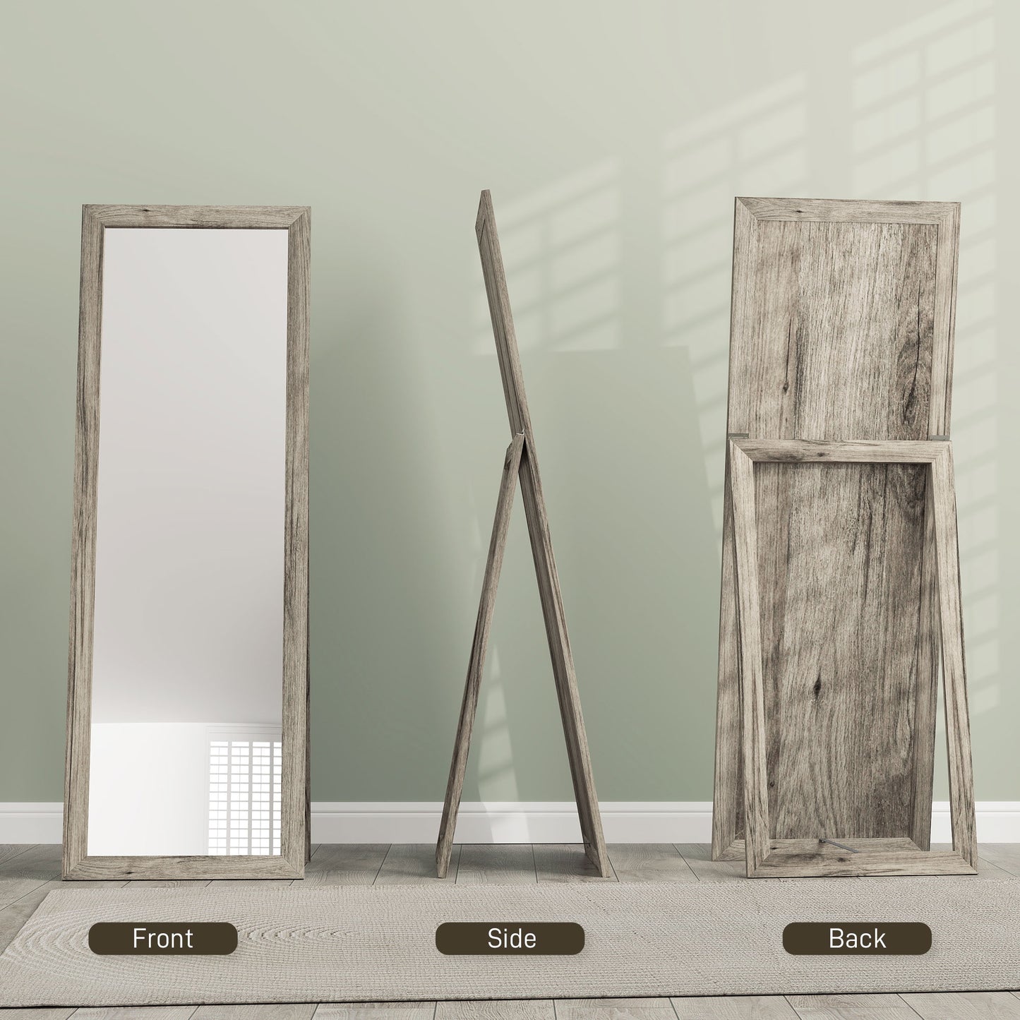 Miroir intégral pour chambre à coucher, salon, grain de bois gris