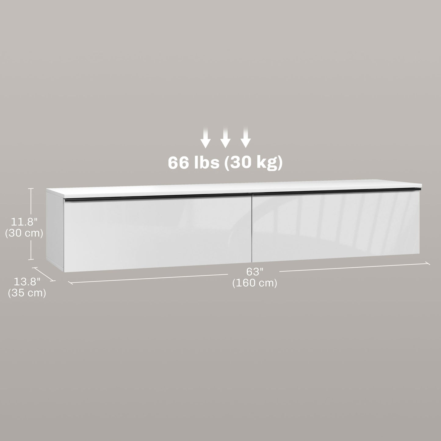 Meuble TV mural flottant pour téléviseurs jusqu'à 70 pouces avec rangement, effet brillant, blan