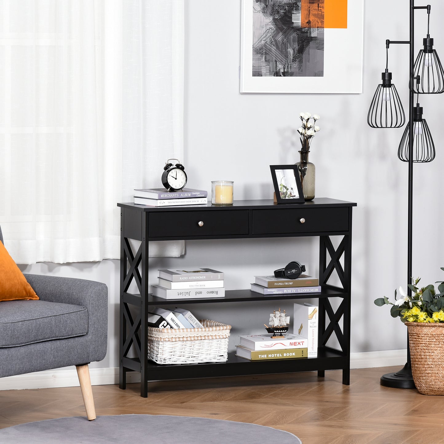 Console d'appoint avec Étagères de Rangement tiroirs et cadre en X, Noir