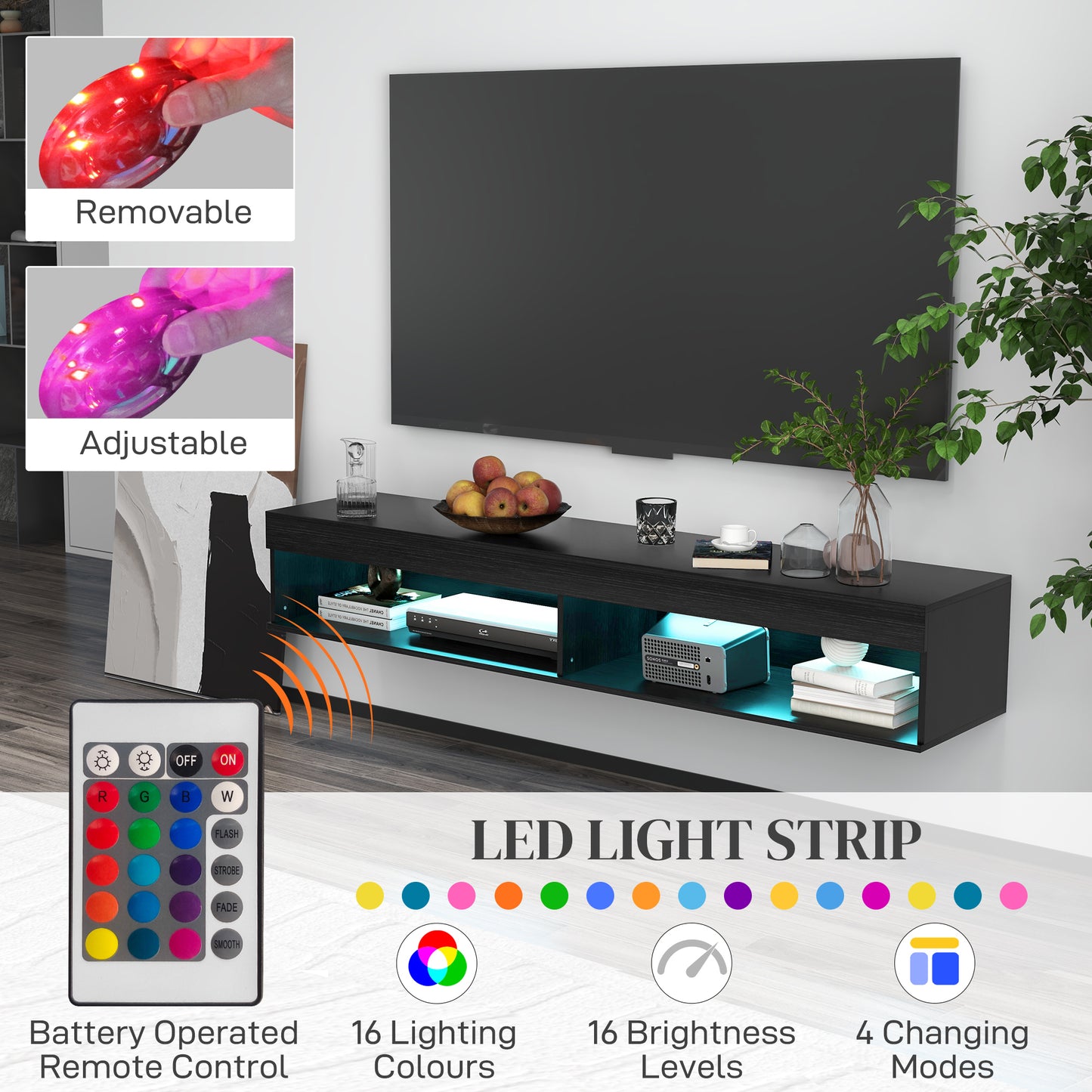 HOMCOM Modern Wall Mounted TV Stand with Storage and LED Lighting for TVs up to 75 inches, Floating TV Shelf for Living Room, Black