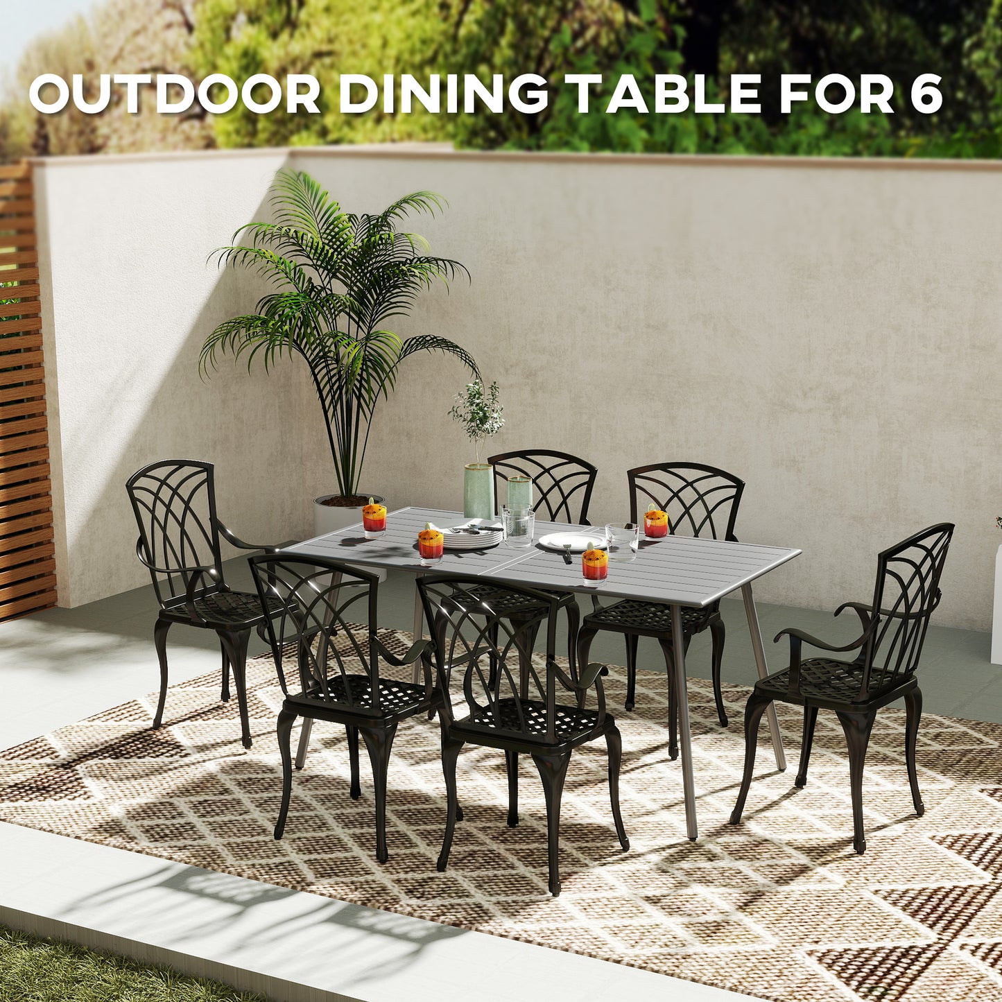 Outsunny Rectangular Dining Table for 6 People, Steel Slatted Outdoor Table for Lawn and Garden, 150 x 80 x 74 cm, Grey