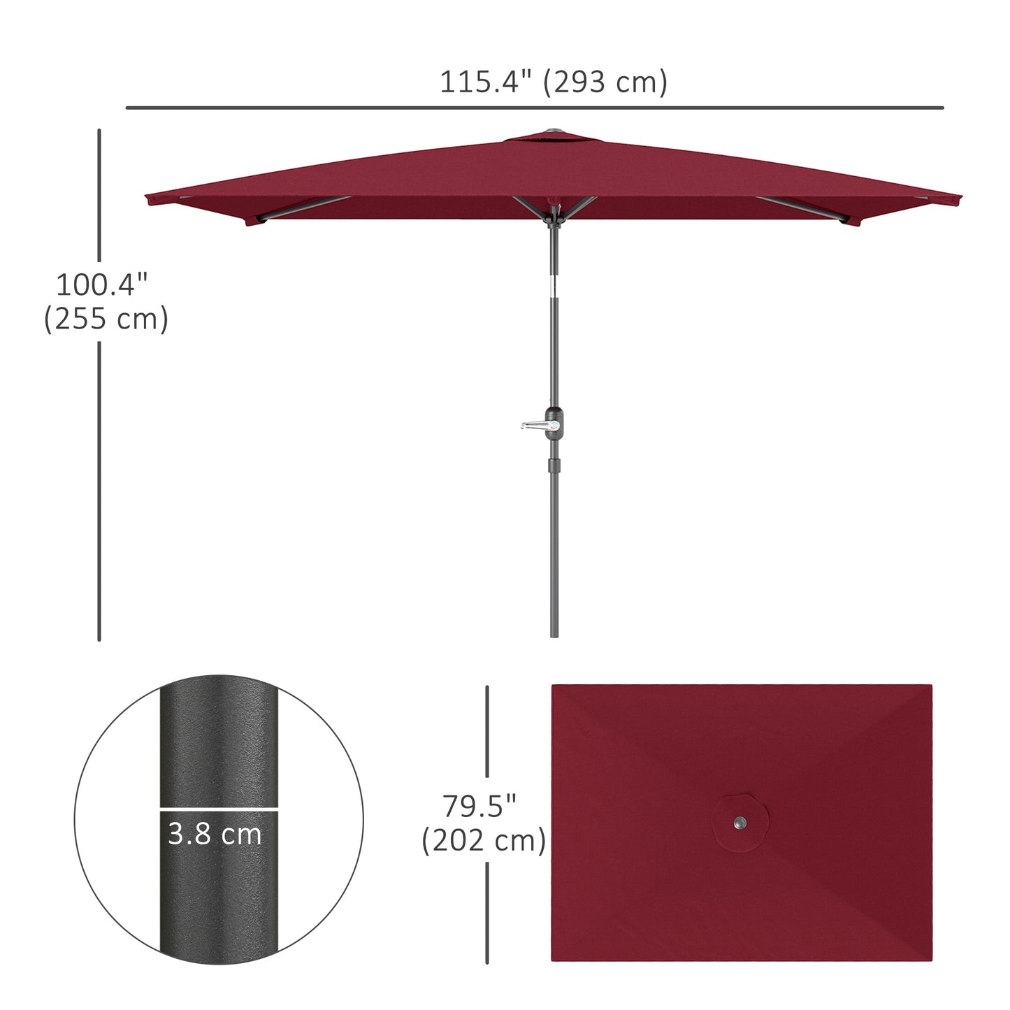 Outsunny 2 x 3 m Rectangular Tilting Aluminum Garden Parasol, Garden Umbrella, Outdoor Umbrella with Crank, Wine Red