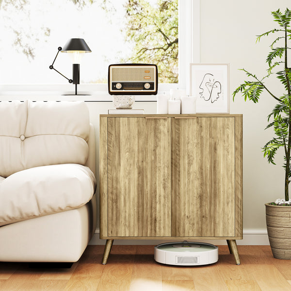 Buffet moderne avec 2 portes cannelées et étagère réglable pour cuisine et salon, Naturel