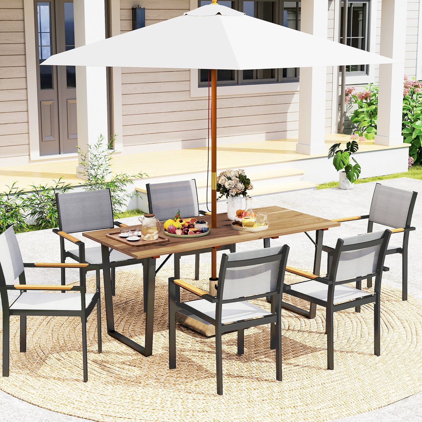 Table à manger d'extérieur en bois pour 6 personnes avec trou pour parasol, plateau à lattes, structure en métal