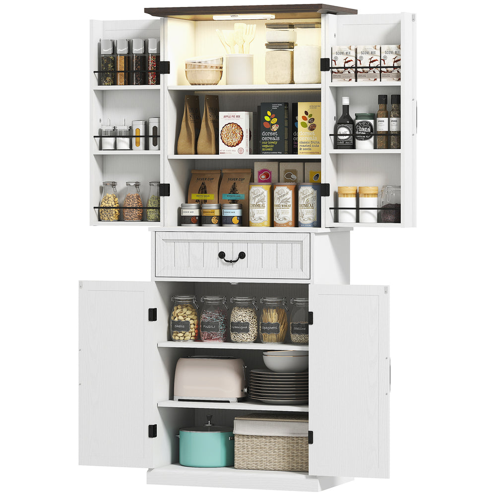Meuble de rangement style campagnard avec étagères de porte et LED, blanc vieilli