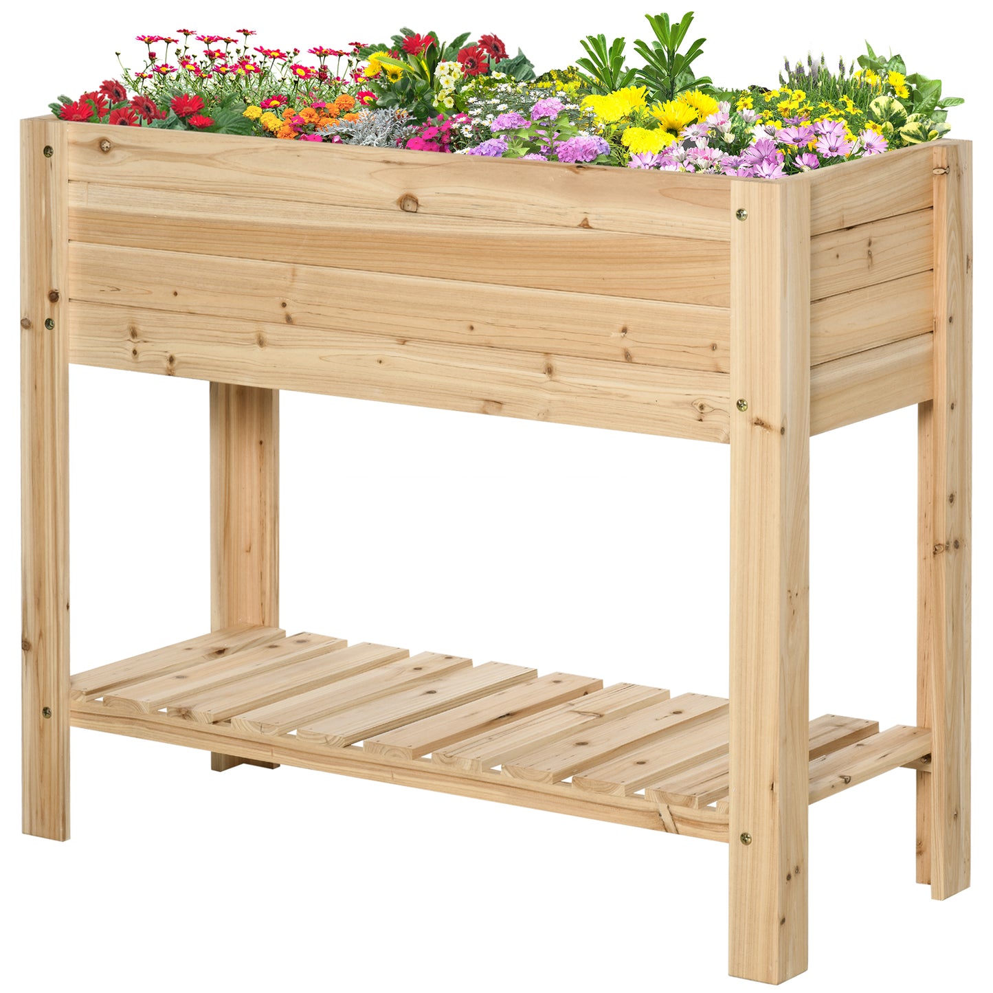Outsunny Raised Bed with Legs, Raised Planter with Storage Shelf, Garden Deck Covering, Natural Wood