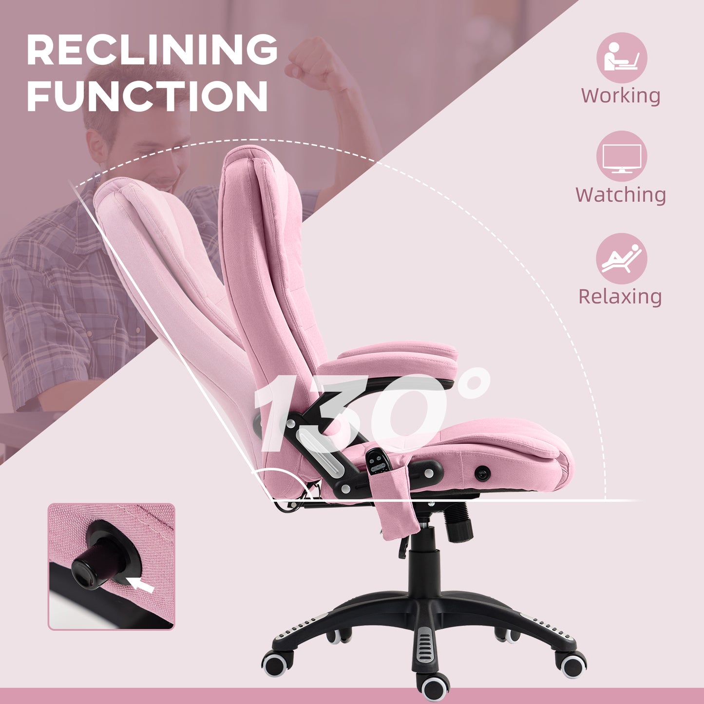 Office Chair with 6 Vibrating Massage Points, High Back, Reclining, Swivel Casters, Pink