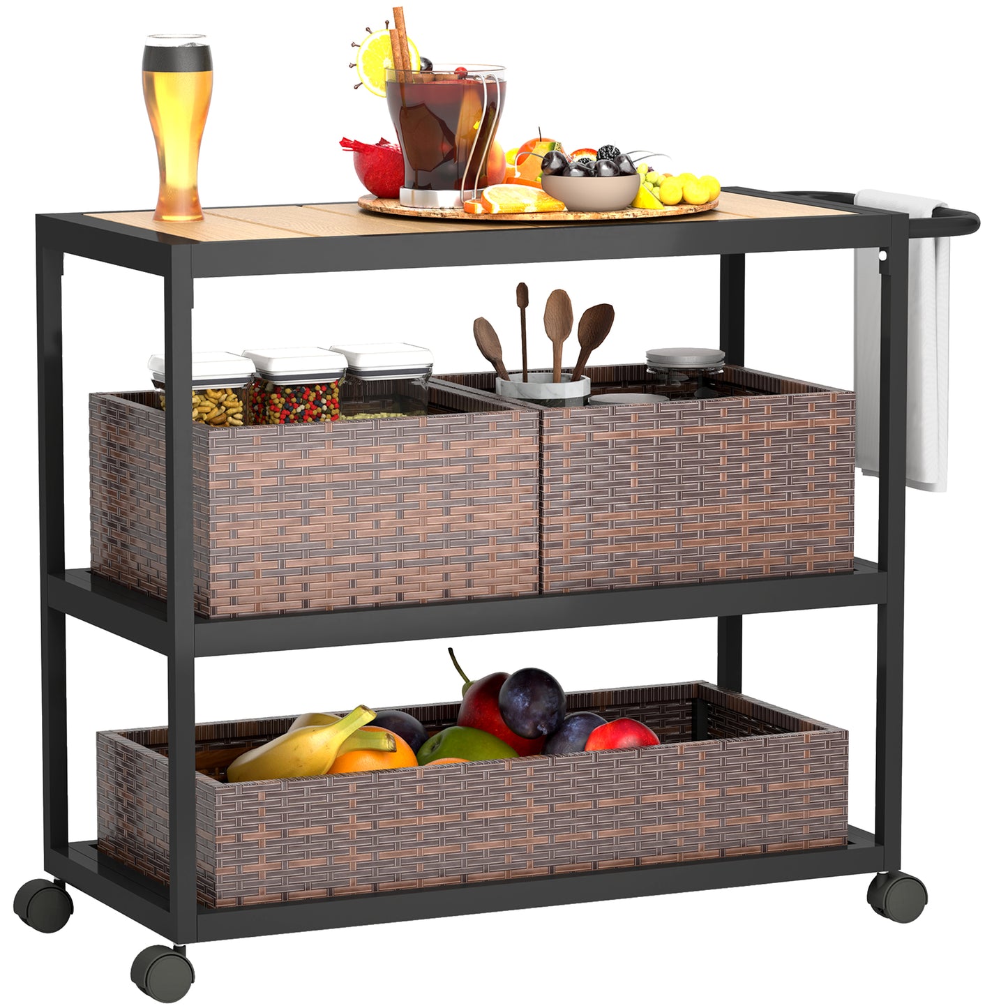 Outsunny Outdoor Bar Cart with Side Handle, 3 Tier Rolling Cart with Removable Rattan Basket, Mixed Brown