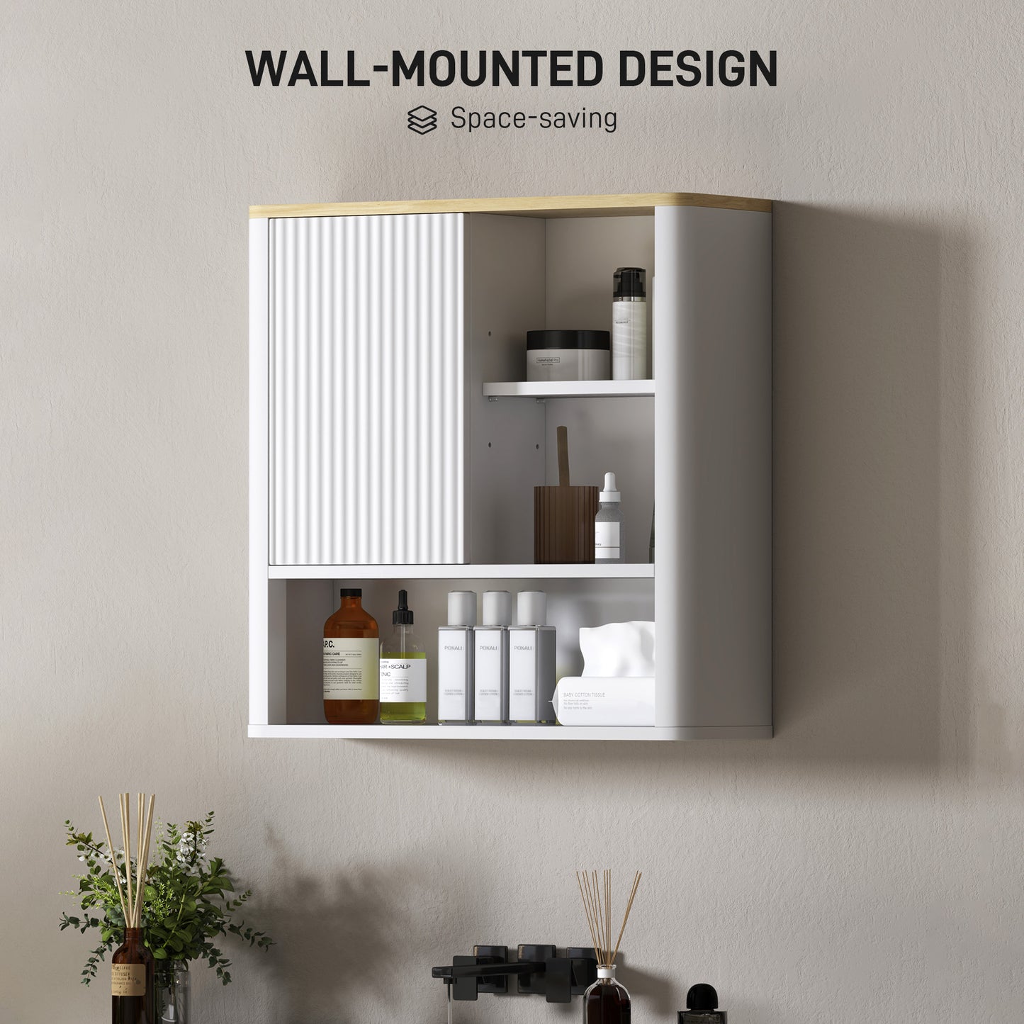 Medicine cabinet with fluted panel, curved with adjustable shelves, white