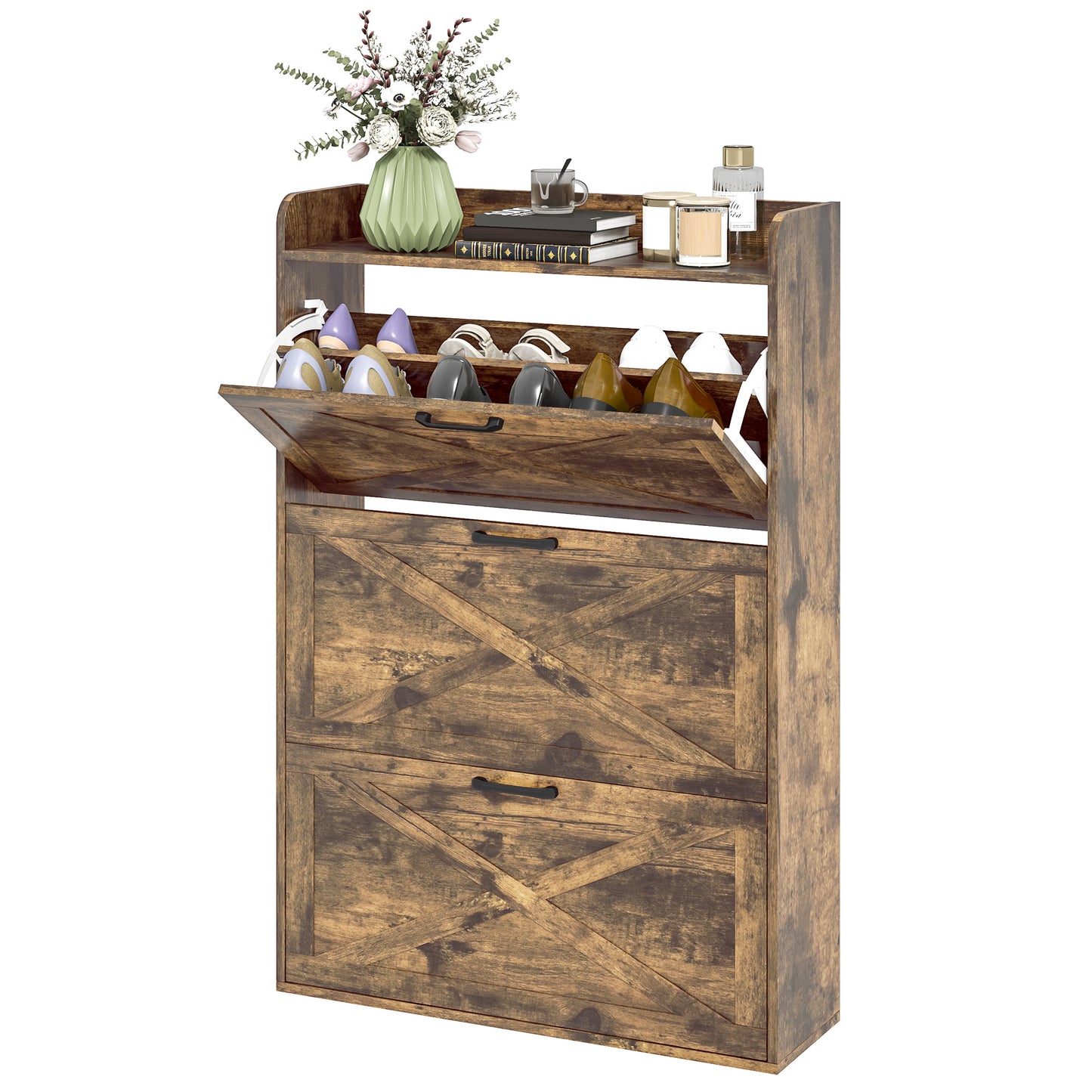 Meuble de rangement à chaussures étroit HOMCOM, style ferme, avec 3 tiroirs rabattables et étagères réglables, pour entrée, marron rustique