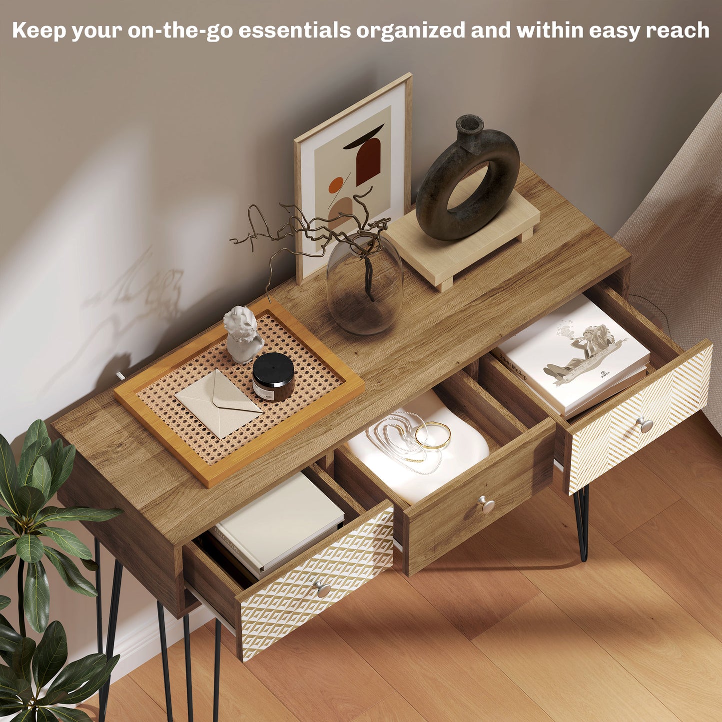 Console avec tiroirs de 89 cm avec pieds en épingle à cheveux, marron