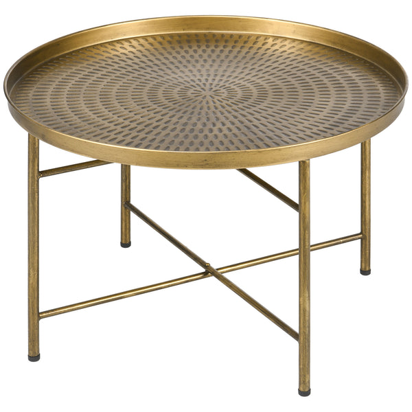 Vintage round coffee table with hammered top and metal frame, Gold