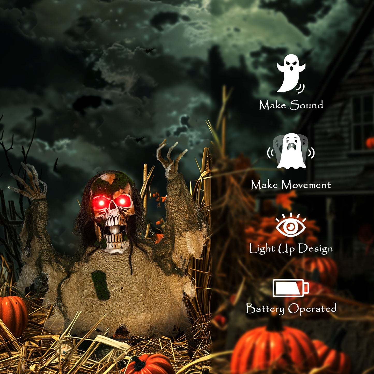 Squelette animé d'Halloween avec yeux LED lumineux, décorations d'Halloween animatroniques, à piles