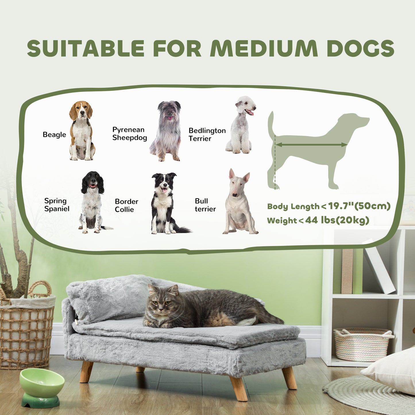 Canapé-lit pour chiens de taille moyenne avec coussin, oreiller, housse amovible et lavable, gris clair