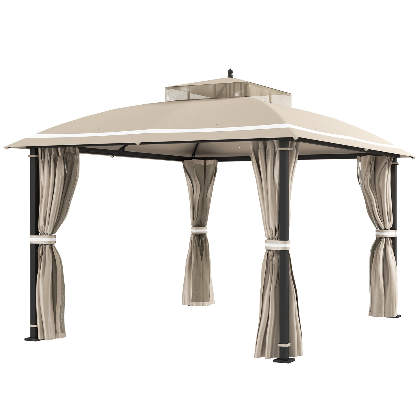 Gezebo d'extérieur 10' x 12', auvent de patio à double toit avec filet et rideaux