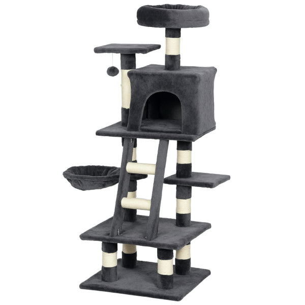 Grand arbre à chat de 132 cm pour chats d'intérieur, gris foncé