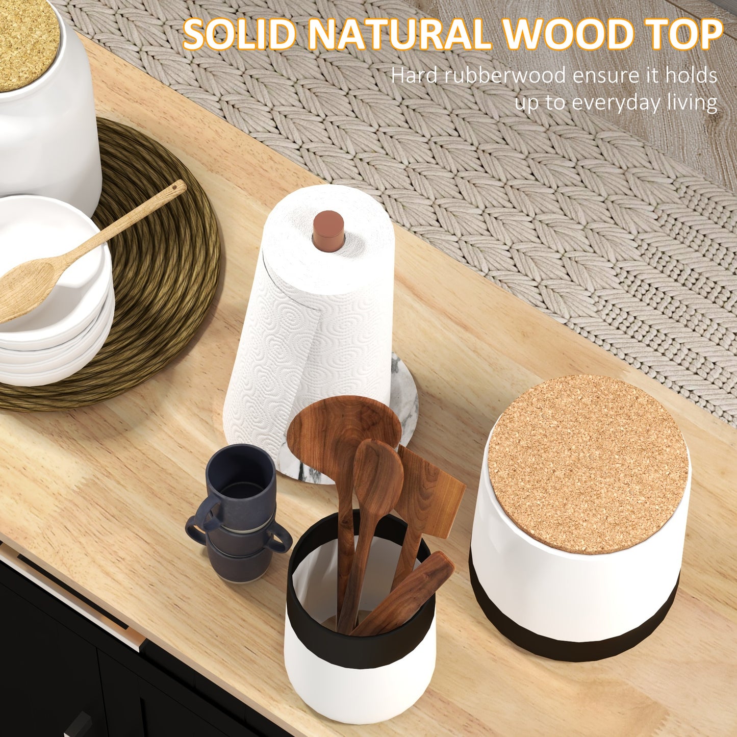 Desserte de cuisine moderne à roulettes avec tiroirs, plateau en bois naturel, porte-serviettes, armoire de rangement à porte, noir