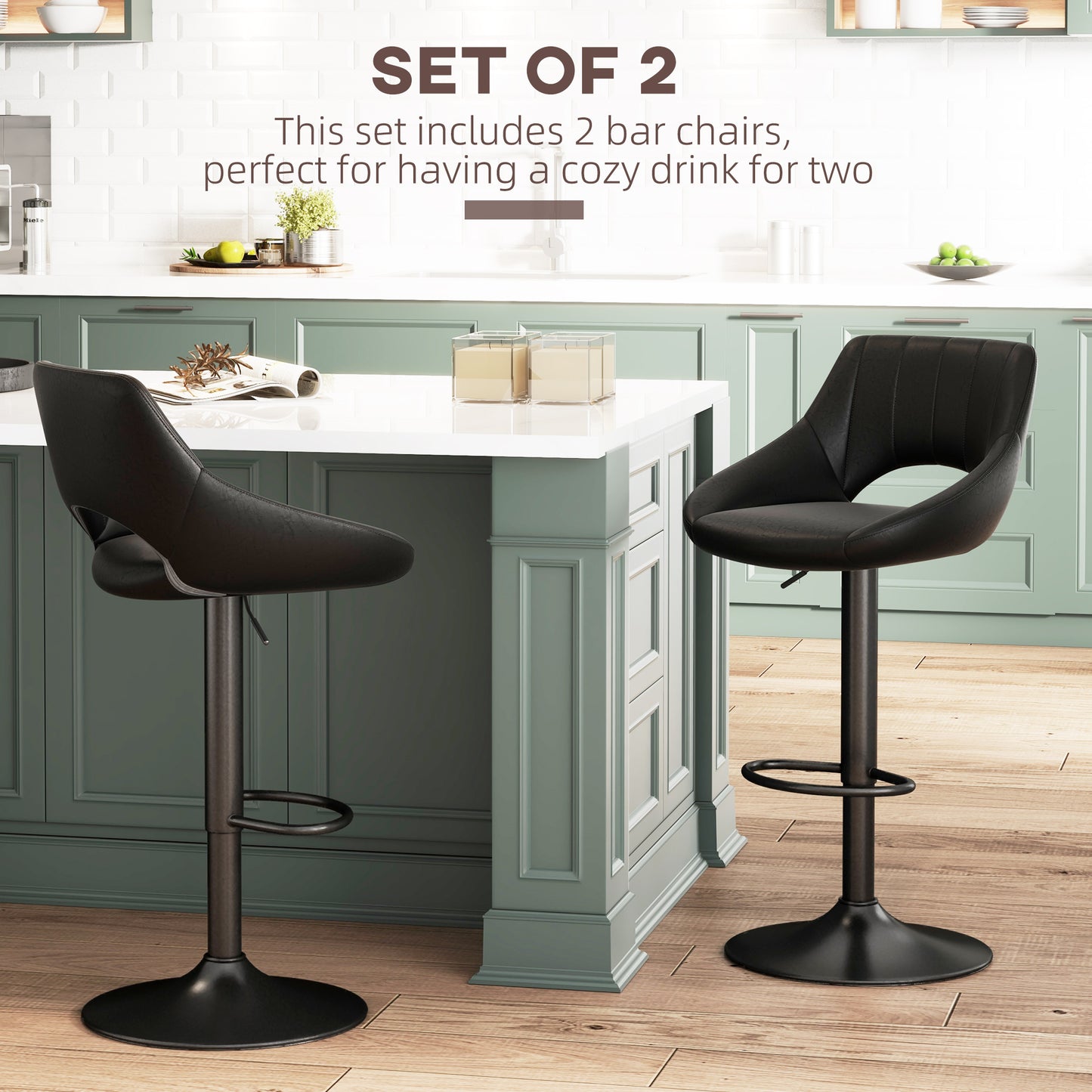 Lot de 2 tabourets de bar pivotants, rembourrés en similicuir, hauteur comptoir, avec base ronde en métal, Noir