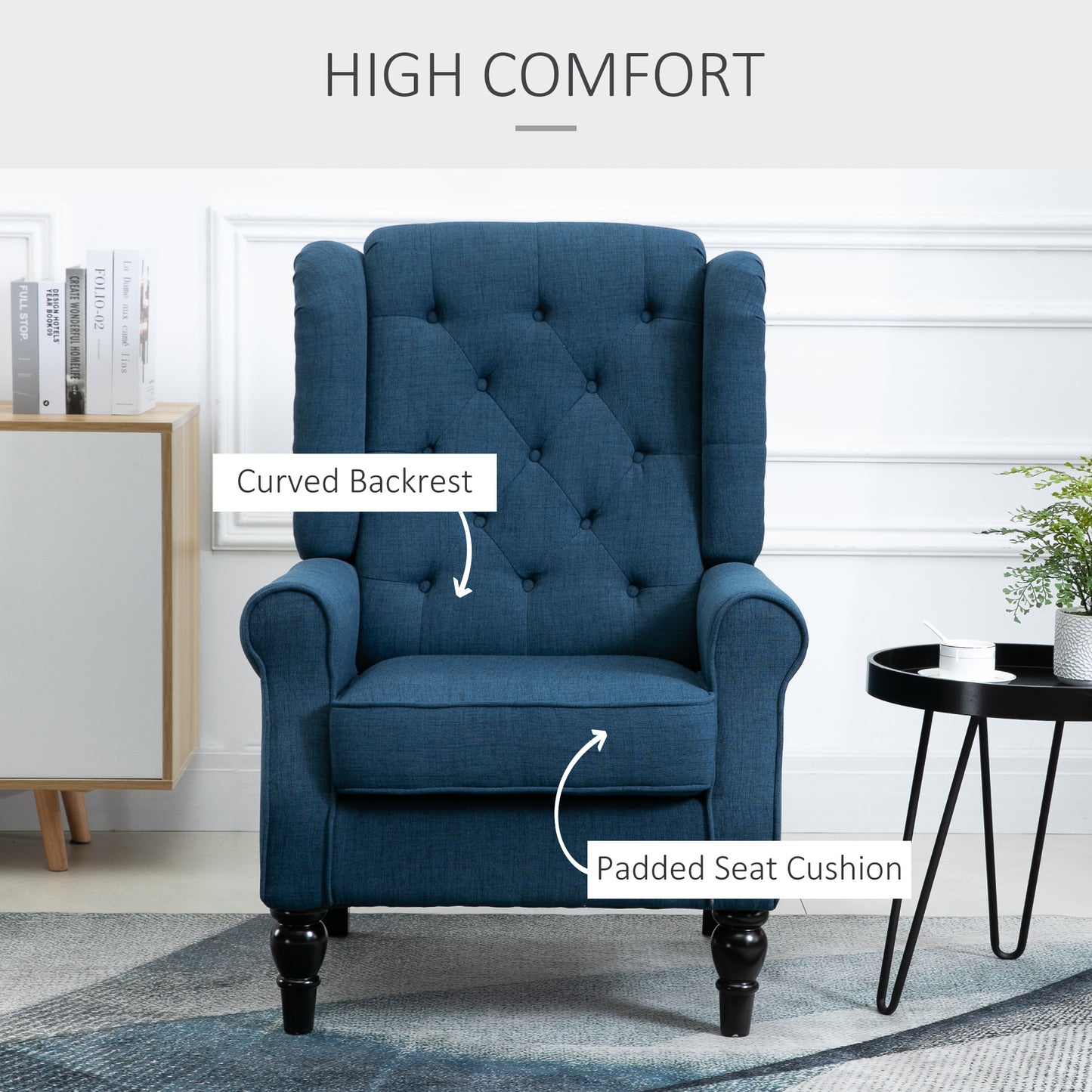 Upholstered accent chair with wooden legs, rounded armrests, thick padding, blue