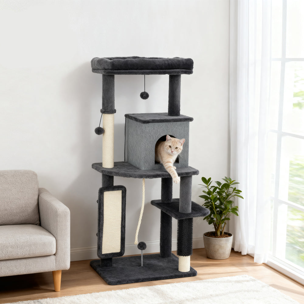 Arbre à chat de 132 cm avec griffoirs, panier, niche et brosse de toilettage, gris