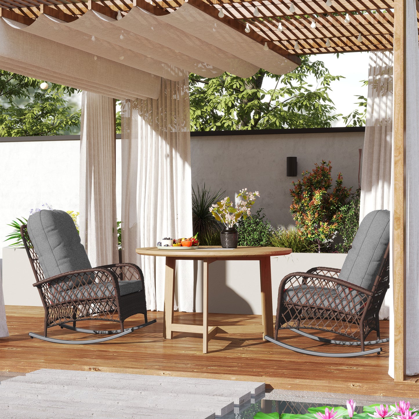 Outsunny Outdoor Wicker Rattan Rocking Chair Set of 2, Patio Rocker with Thick Cushions for Garden Backyard Porch, Gray |