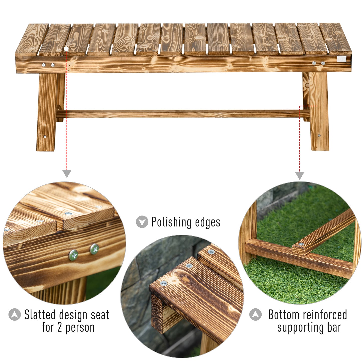 Banc de jardin d'extérieur en bois de sapin, carbonisé