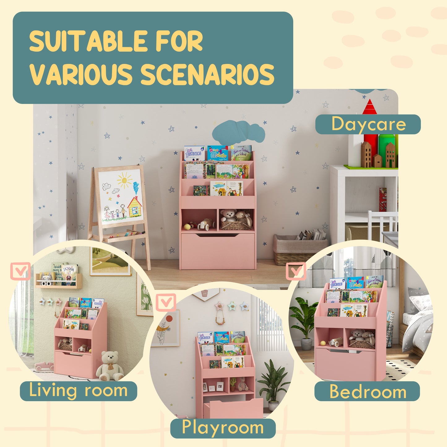 Bibliothèque pour enfants avec tiroir de rangement pour livres, coin lecture, rose