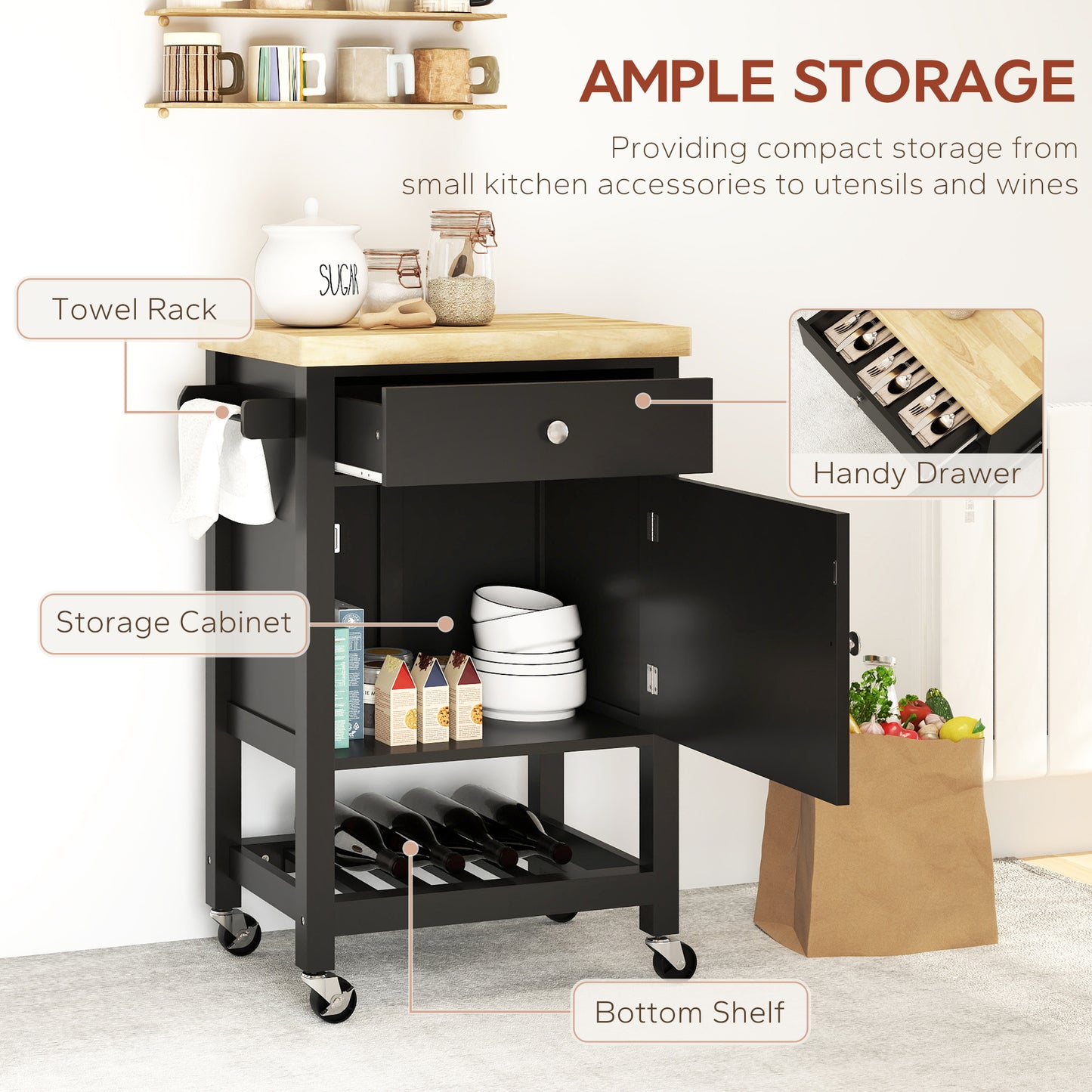 HOMCOM Kitchen Island on Wheels, Rolling Kitchen Cart with Wooden Top, Towel Rack, Drawer and Shelf for Dining Room, Black