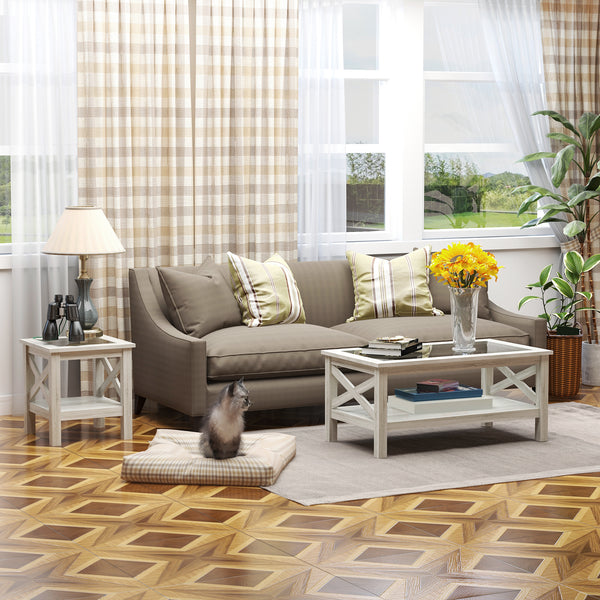 Table basse de style ferme avec plateau en verre trempé, chêne blanc