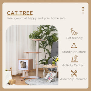 47" Wooden Cat Tree, Scratching Post, House with Cushions, Brown
