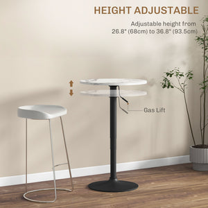 Adjustable Bar Table for 2 People Round with Steel Base for Home Bar, White Marble