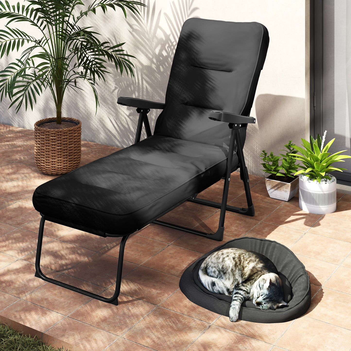 Chaise longue pliante avec coussin, dossier réglable avec repose-pieds, noir
