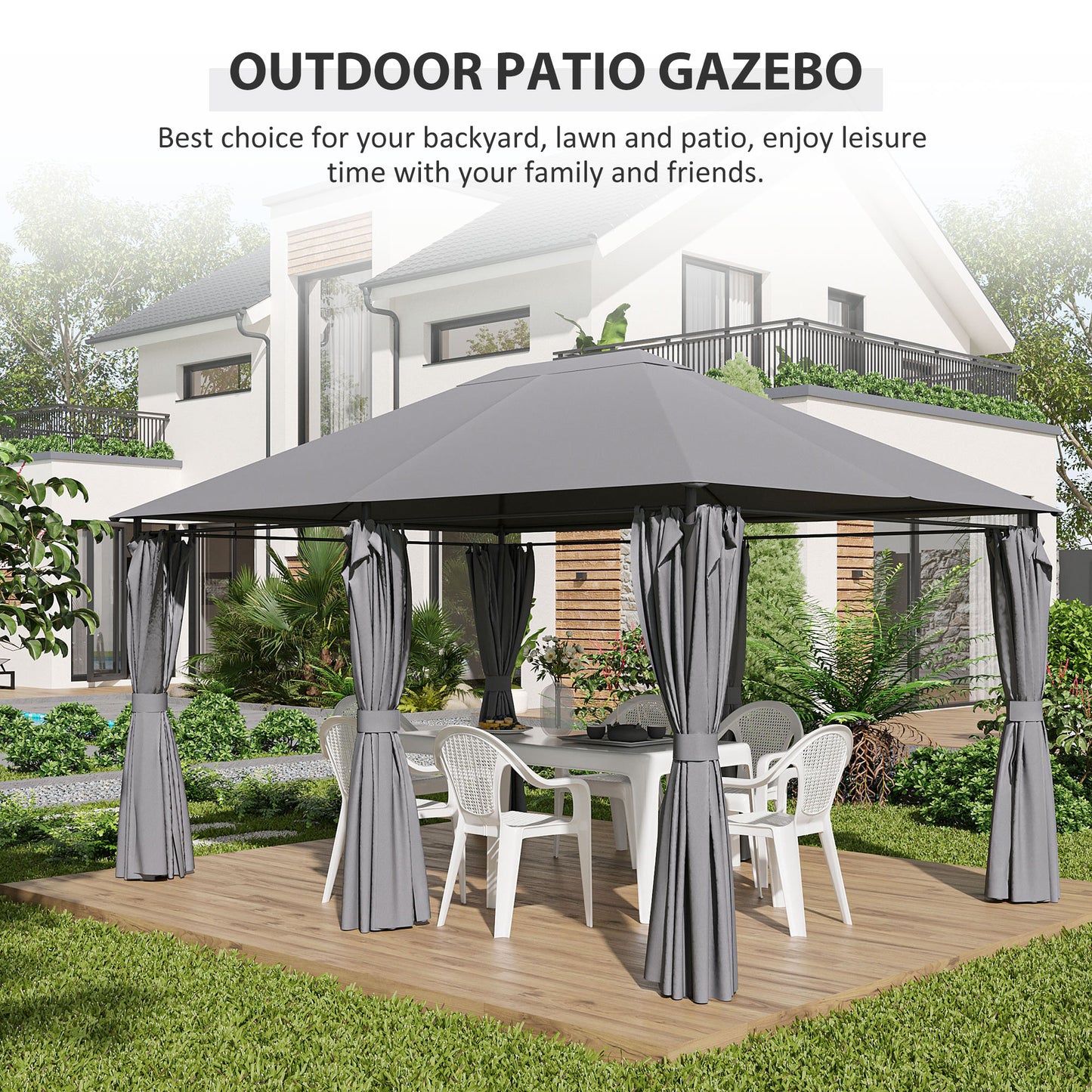 Gazebo 13' x 10' en acier à toit souple avec 6 rideaux amovibles et trous de drainage, gris