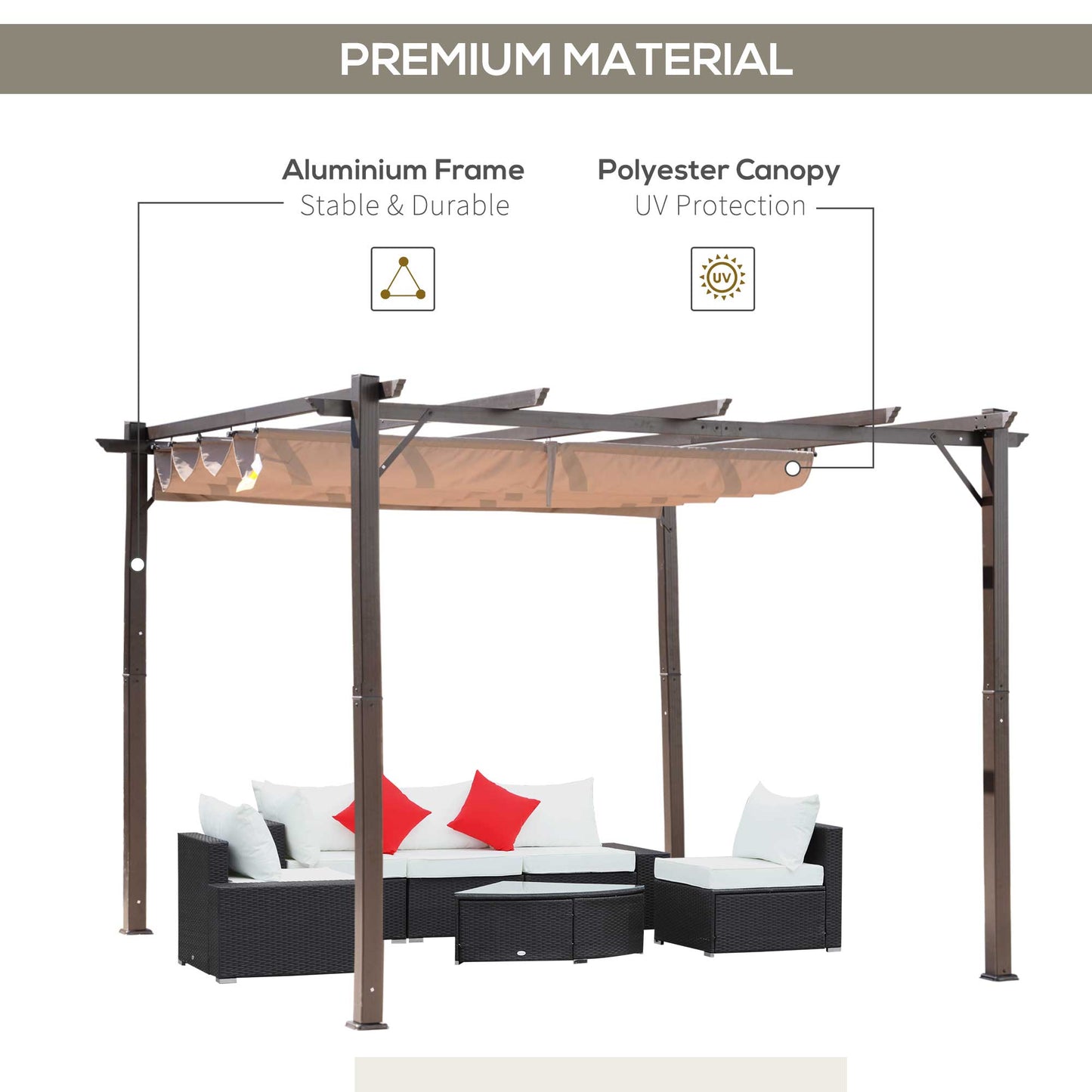 Pergola 10' x 10' en aluminium, Auvent de jardin carré, Beige