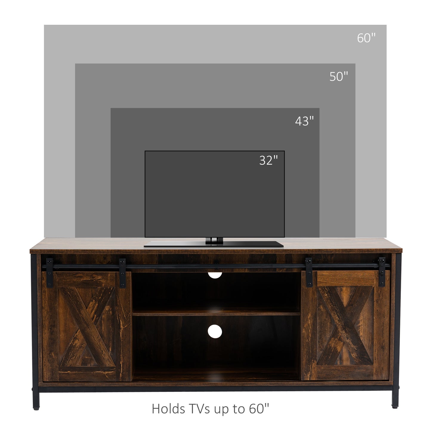 Meuble TV industriel HOMCOM pour téléviseurs jusqu'à 60 pouces, console TV avec rangement et 2 portes coulissantes, meuble de divertissement autonome pour salon et chambre, marron