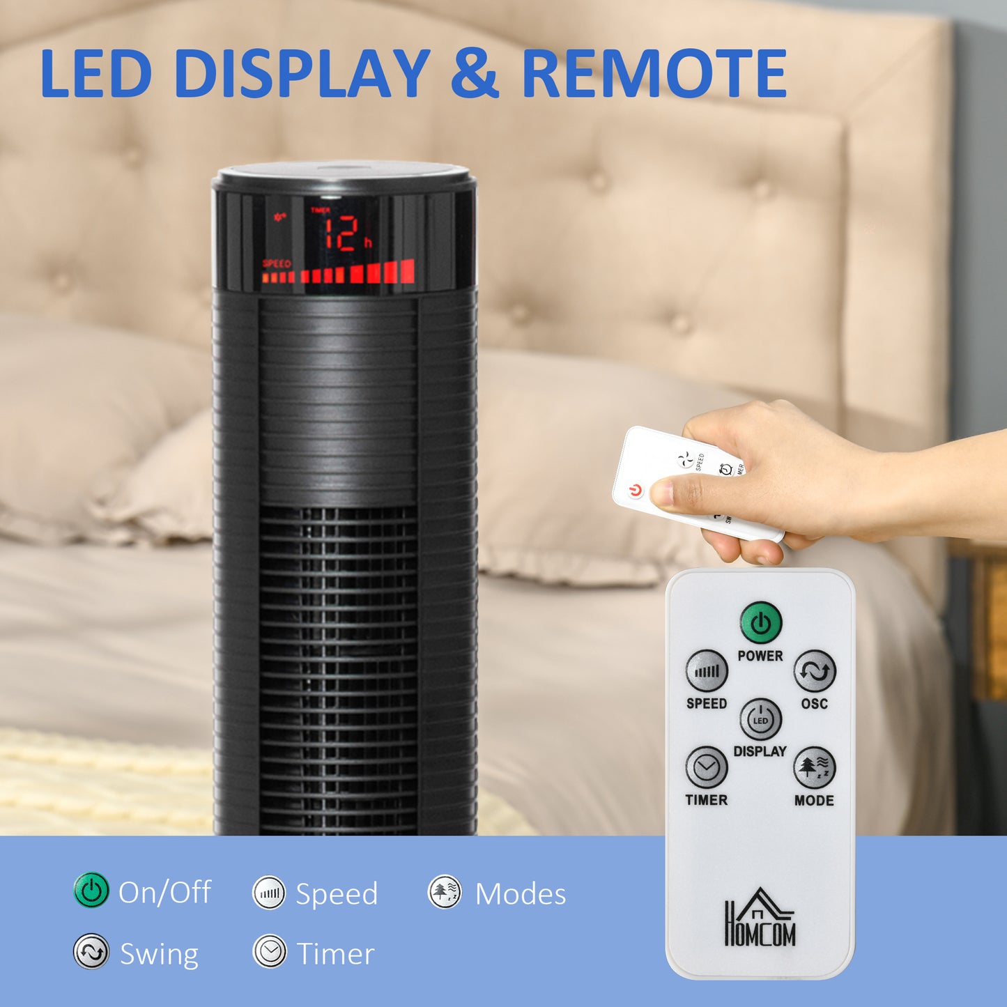 Ventilateur tour autonome 3 vitesses, minuterie 12 h, oscillant, panneau LED, télécommande, noir