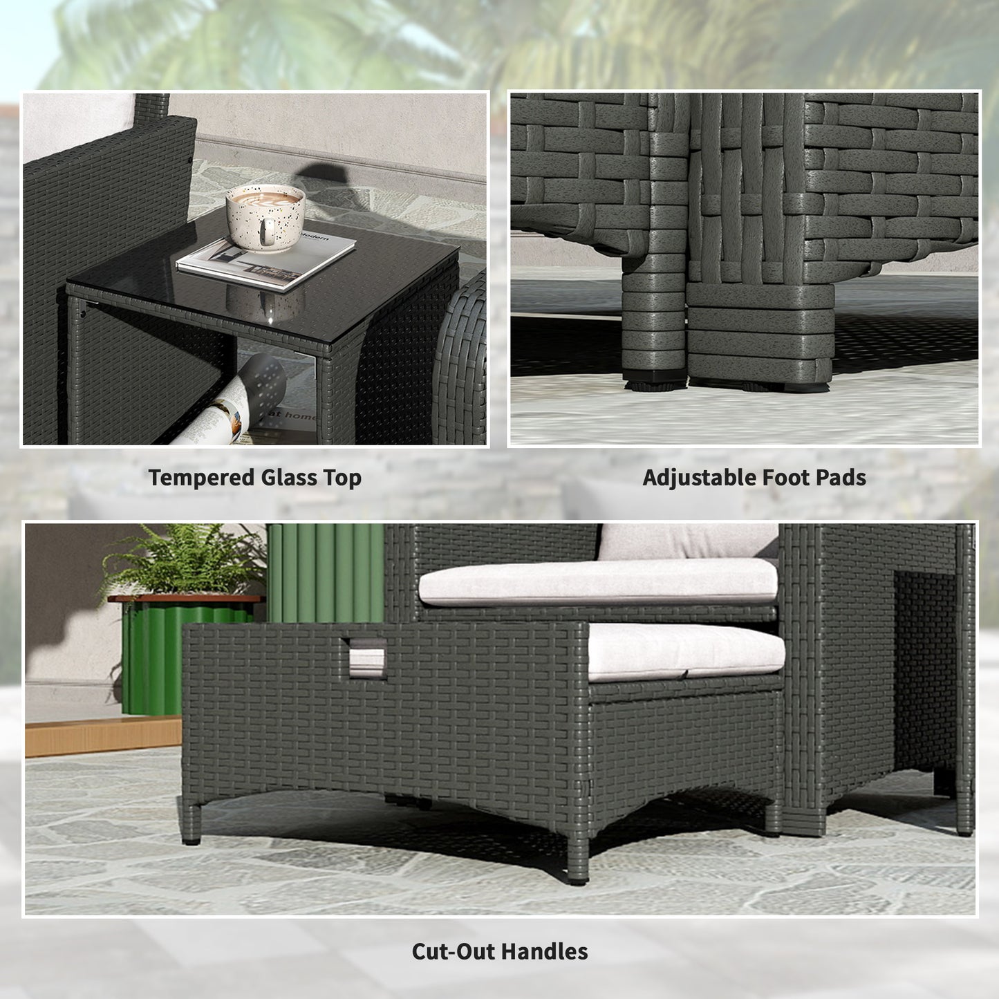 Outsunny 5 Piece Rattan Balcony Furniture Set, Wicker Outdoor Furniture with Two-Tier Coffee Table and Ottomans, Grey and Cream White