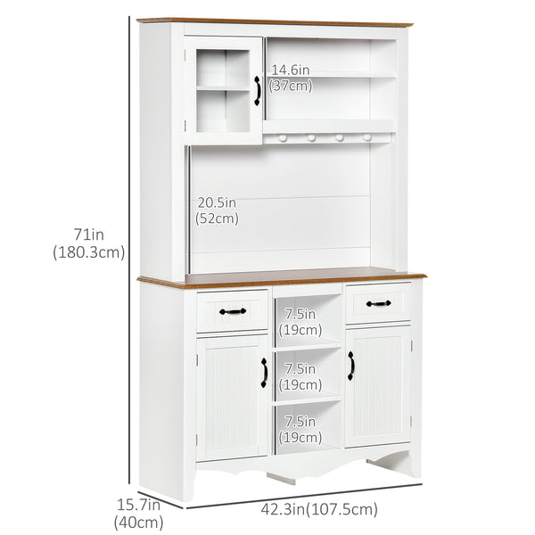 Buffet de cuisine style campagnard avec tiroir utilitaire et étagères 5 niveaux, blanc