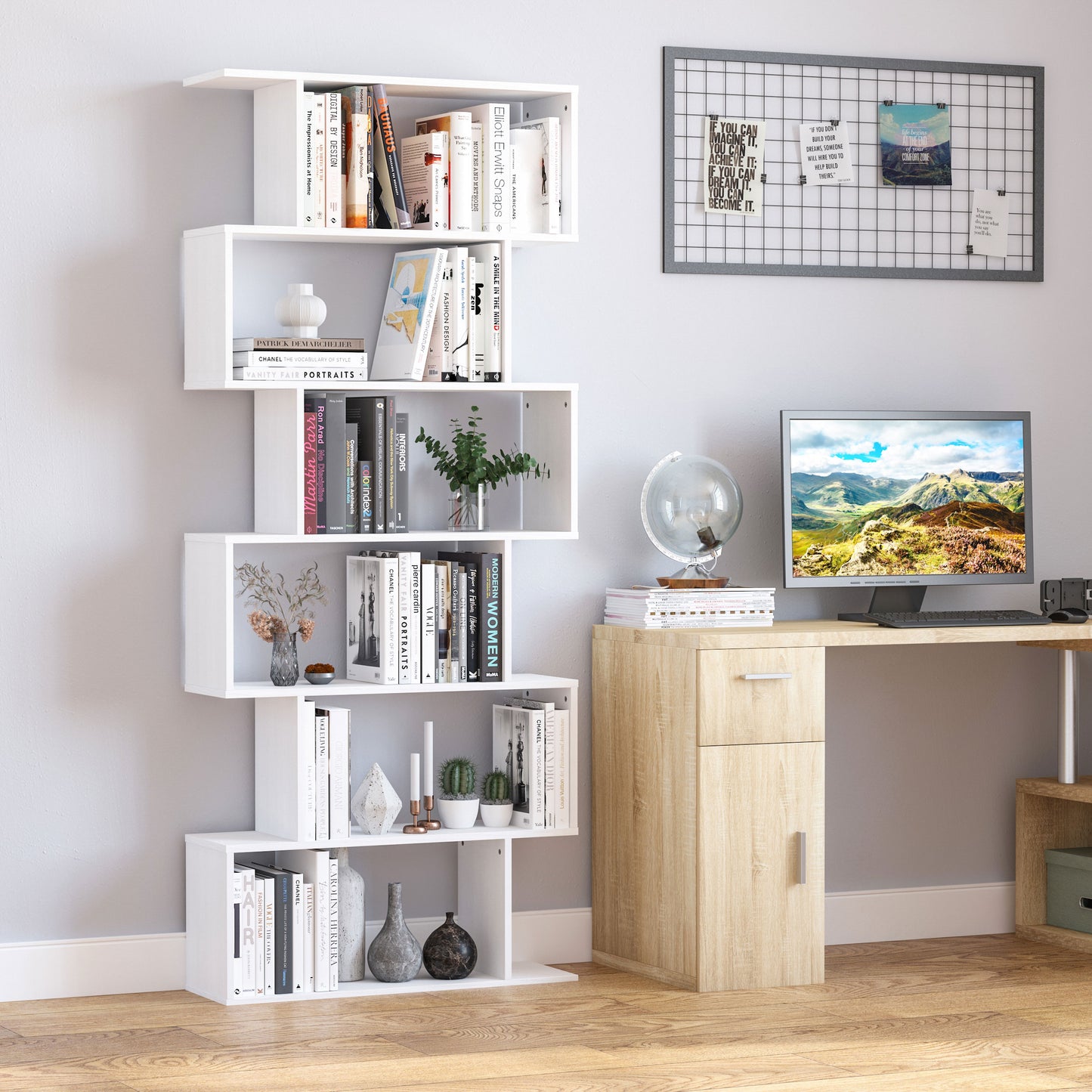 6-Tier 76-Inch Geometric Wooden Bookcase, White