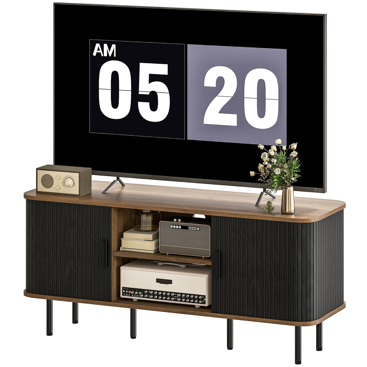 Meuble TV pour téléviseurs jusqu'à 55 pouces, avec étagères de rangement et armoires, noir