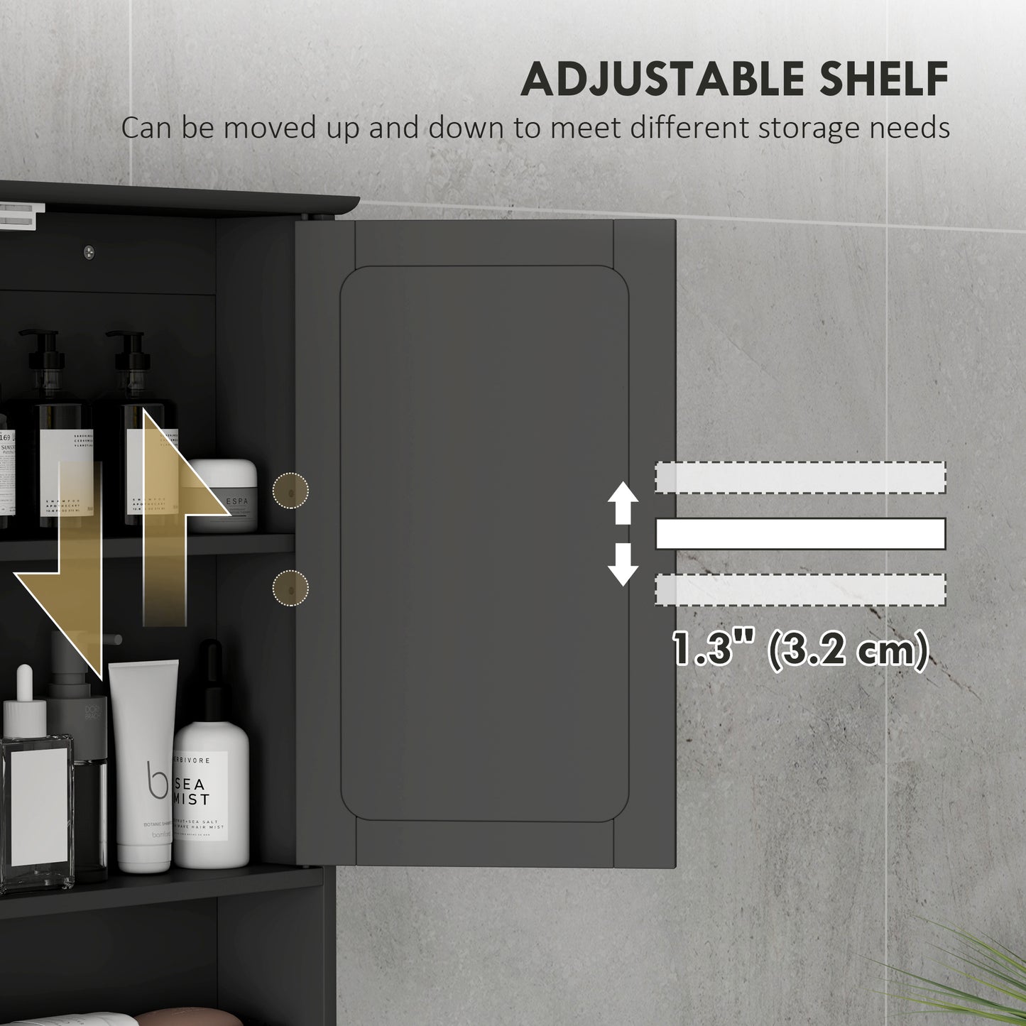Armoire à pharmacie murale avec portes doubles, étagère ouverte et étagère réglable, noire