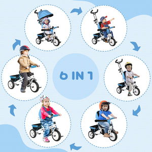 Tricycle 6 en 1 avec panier, auvent, harnais de sécurité 5 points, bleu