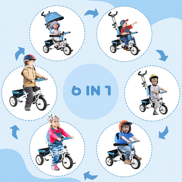 Tricycle 6 en 1 avec panier, auvent, harnais de sécurité 5 points, bleu