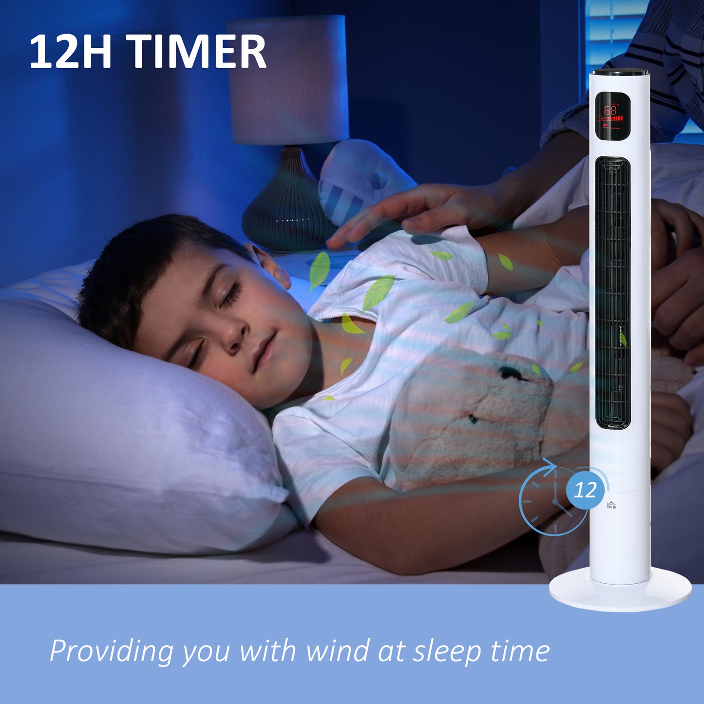 Ventilateur tour autonome 3 vitesses, minuterie 12 h, panneau de capteur LED, télécommande, blanc