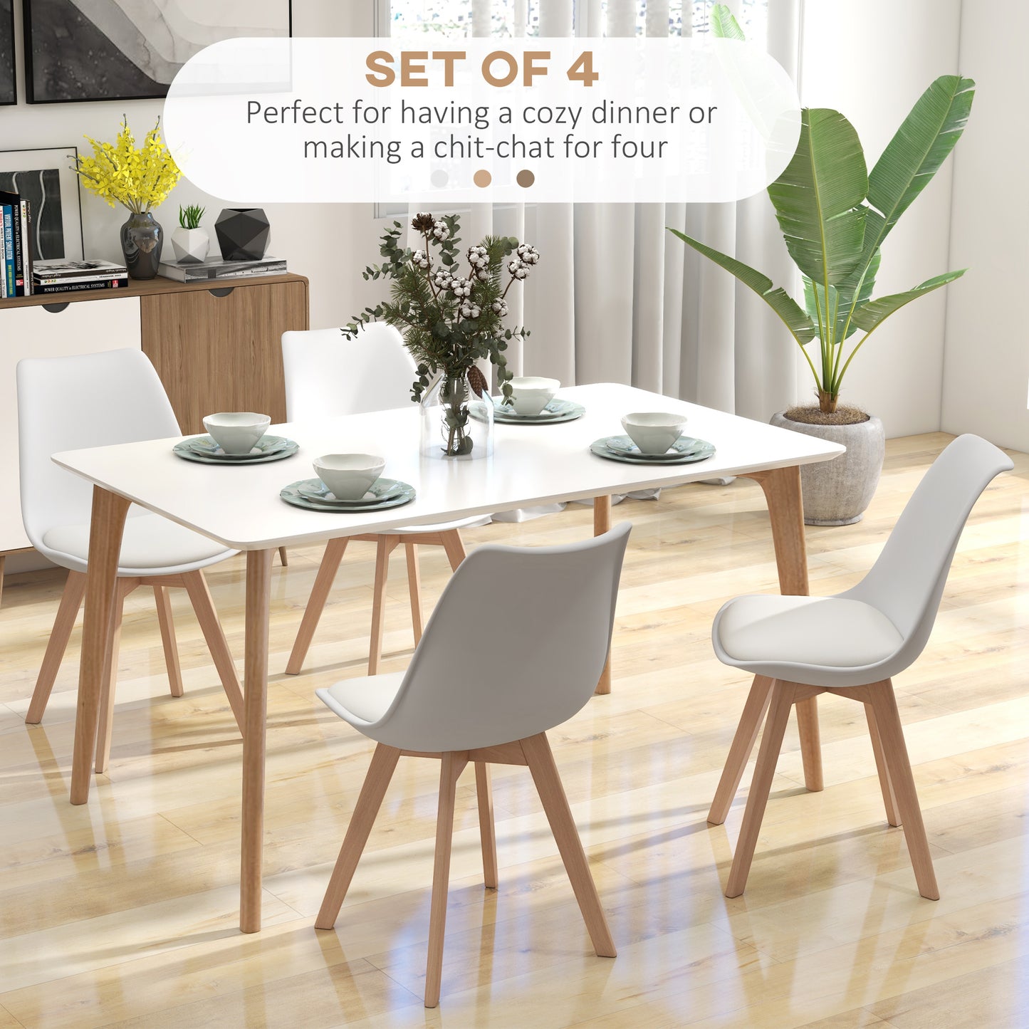 Lot de 4 chaises de salle à manger modernes en bois d'hévéa avec coussin en cuir synthétique, blanc